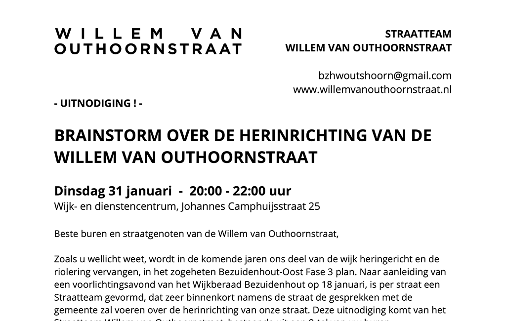 Flyer Uitnodiging Brainstorm Willem Van Outhoornstraat