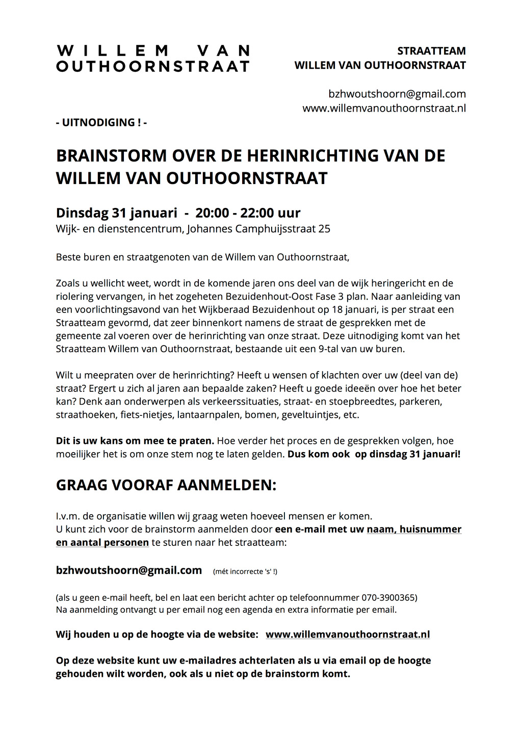 Flyer uitnodiging brainstorm Willem van Outhoornstraat 31 januari 2017